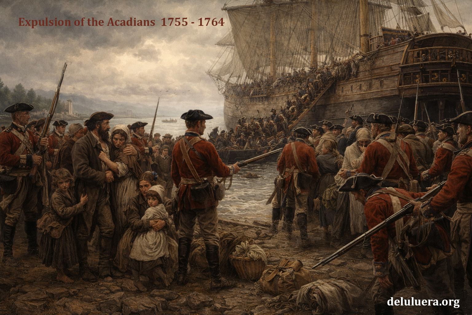 Image depicting Acadian families, my ancestors, being deported (1755). The methods have changed but the struggles remains.